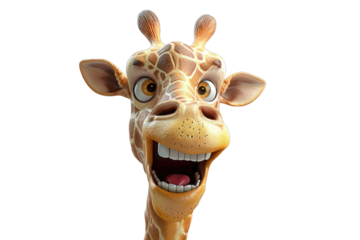 Close-up of a giraffe with a wide-eyed, joyful expression.