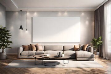An empty solid wall mockup in a modern living room with soft ambient lighting, showcasing its potential for personalized artwork or decor.