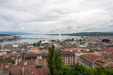 View of Lake Geneva and Geneva City from the roof of Saint Pierre Cathedral in Geneva, Switzerland