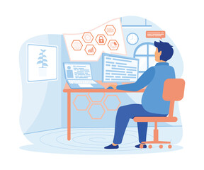 Fototapeta premium Young programmer concentrated at working project. Developing programming and coding technologies. flat vector modern illustration 