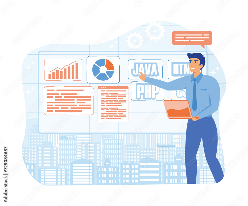 Aufkleber programmer, developer, engineer with laptop standing in office holding pen while coding and developi
