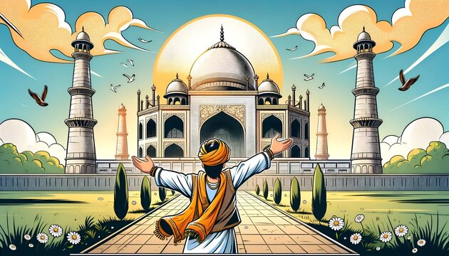 Illustration of a man in traditional indian attire with open arms standing in front of the taj mahal.