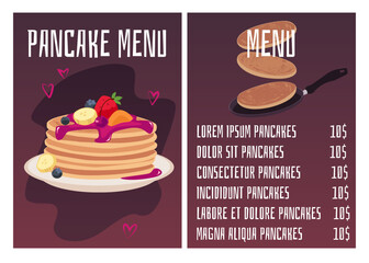 Pancakes vector menu template, stack of pancakes with jam topping, whipped cream, fruit berries on a plate, baking food
