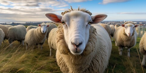 Obraz premium Sheep gazing at the camera amidst a flock, set against the backdrop of the sky.