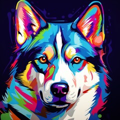 Blacklight painting-style Siberian Husky dog, Siberian Husky dog pop art illustration