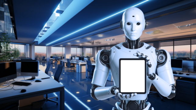 Robot showing tablet with isolated screen. Robot holding a tablet with a office in the background. Transparent Screen. Humanlike robot. Humanoid robot holding phone screen into the camera.