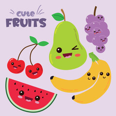 Set of Cute Fruits Vector Illustrations. Good for Doodle and Other Graphic Assets