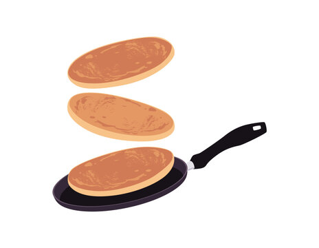 Pancakes toss in the pan, turn the pancake on the fly, vector delicious baking food, sweet dessert isolated on white