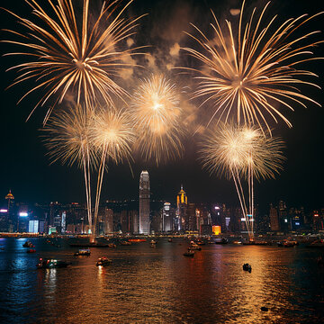 Golden fireworks celebrate Chinese New Year. It was lit in the middle of the river , ai generated