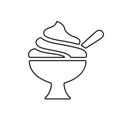 Ice cream cup line icon, black outline on white. Soft serve gelato or sundae in glass with spoon. Vector clipart sign or logo for web design and print, illustration of summer street food.