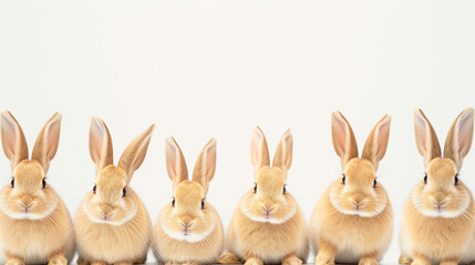 Obraz premium Minimal Easter card with brown bunnies standing in line on white background looking up into the camera.