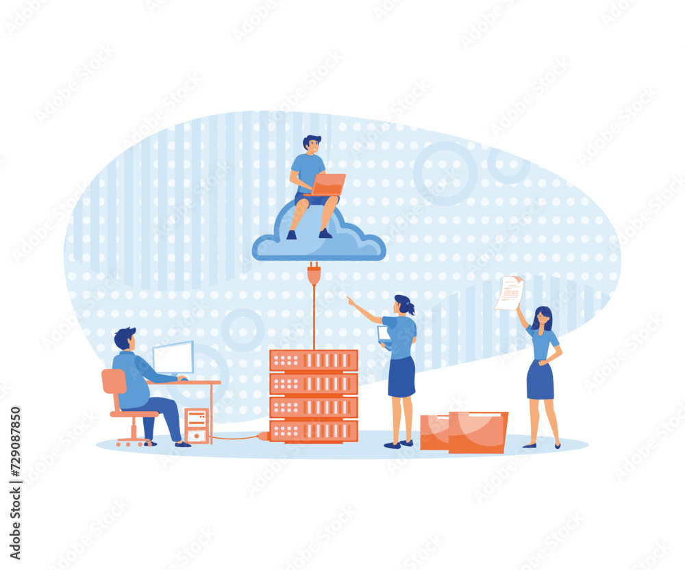 Poster business technology storage cloud computing service concept with administrator team working on cloud
