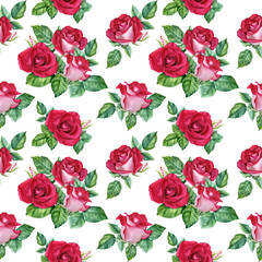 Seamless pattern with flower Rose blooms, buds and leaves. Botanical watercolor repeat pattern. For wrapping wallpaper fabric textile