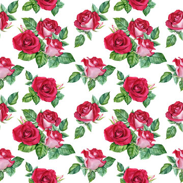 Seamless pattern with flower Rose blooms, buds and leaves. Botanical watercolor repeat pattern. For wrapping wallpaper fabric textile