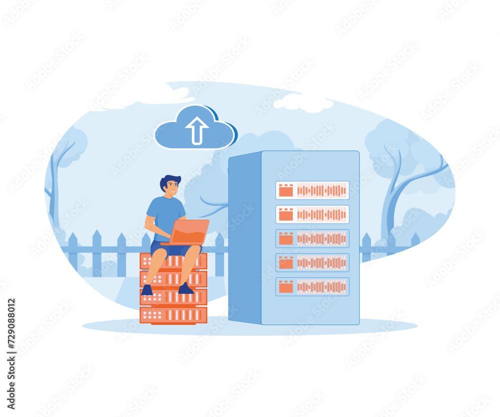 Poster big data and cloud computing. businessman sitting in rack using remote servers to analyzing large se