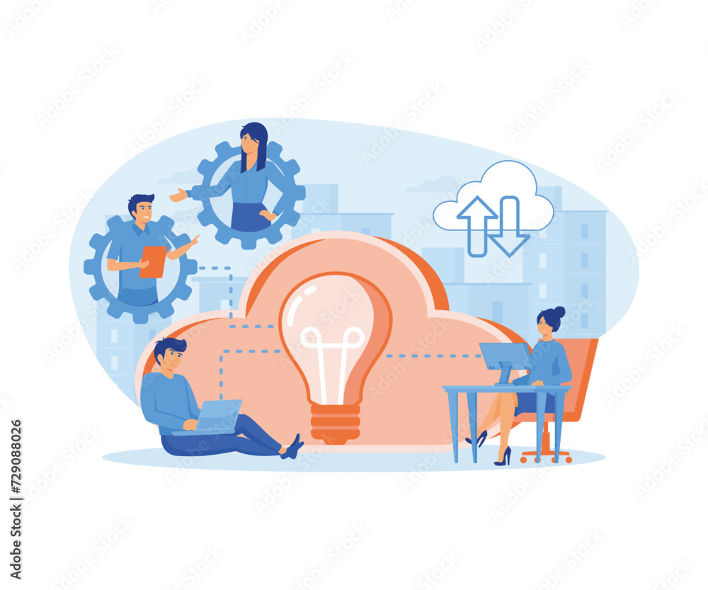 Poster wireless computing service concept. work colleague team of users connected by cloud computing and li
