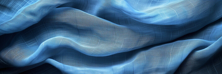 Fototapeta premium Elegant blue fabric texture with delicate mesh pattern and graceful waves, suitable for backgrounds or textile design concepts