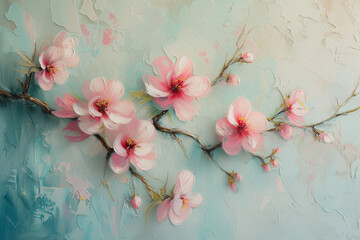 Artistic textured painting of delicate pink cherry blossoms on a pastel background, symbolizing spring or the Sakura festival