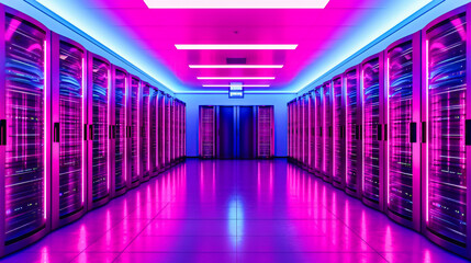 Fototapeta premium Modern server room with high-tech networking equipment, symbolizing advanced data storage and communication in a digital infrastructure