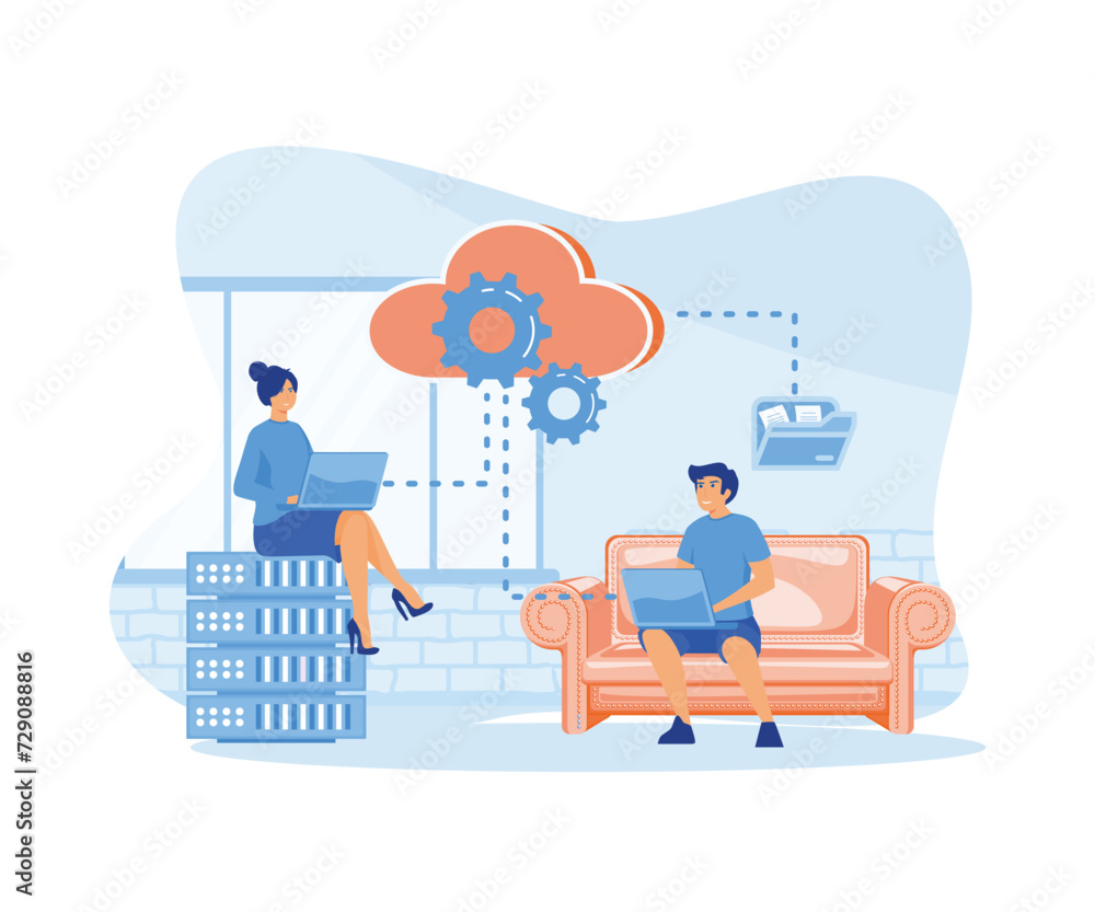 Poster cloud computing concept with people scene. man and woman processing information at laptops using clo