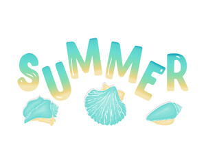 Lettering Summer gradient colorful with Seashells on white background. Element summers design.