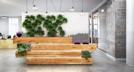 Open and transparent office architecture with reception counter in modern, wood design - 3D visualization