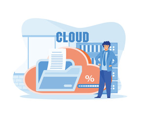 Cloud computing concept. Man standing near cloud storage. flat vector modern illustration  flat vector modern illustration 