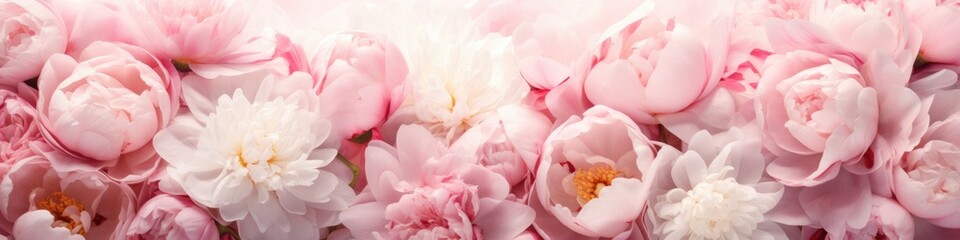 Beautiful background of fresh pink peonies in full bloom, close-up, top view. The concept of a happy Mother's Day, birthday or Valentine's Day greeting card.