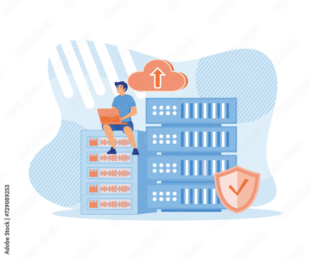 Poster cloud computing concept. man sitting on rack analyzing file management on laptop. flat vector modern