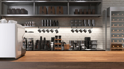 Wooden countertop counter with espresso machine in modern loft, white brick wall coffee shop cafe...