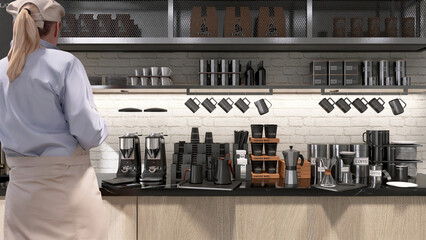 Female barista working making coffee at black countertop counter with grinder, moka pot, cup in...
