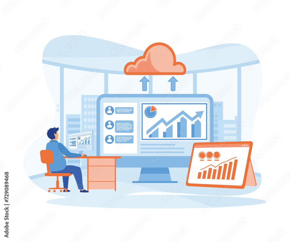 Poster cloud computing service concept and with developer team working on dashboard monitor concept. flat v
