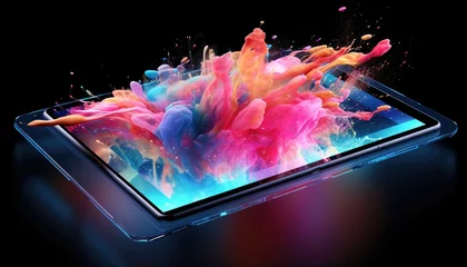 Foto op Canvas Foreshortening and perspective view of black tablet with abstract and splashing colorful clouds. Vibrant holographic colors explosion coming out of a screen on dark background. Generative AI. © cabado