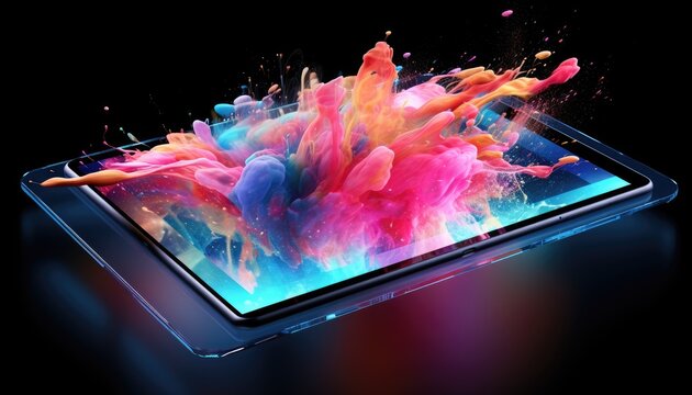 Foreshortening and perspective view of black tablet with abstract and splashing colorful clouds. Vibrant holographic digital colors explosion coming out of a screen on dark background.