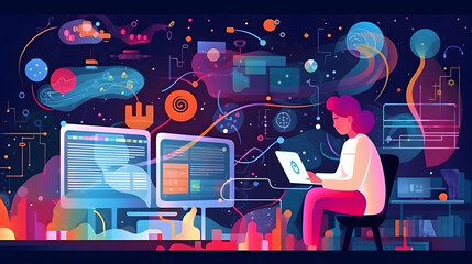 E learning technology concept. Online education, webinar, online courses..AI and machine learning enhance personalised learning. Digital training to employee, compliance, customer, par. generative AI.