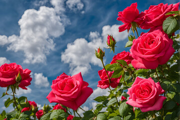 pink roses on blue sky background ,beautiful rose flowers