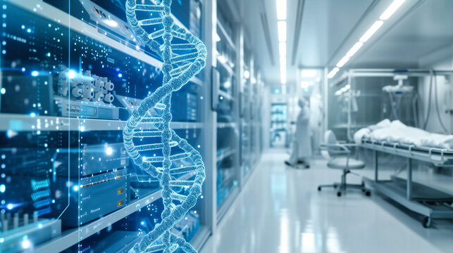 Digital technology in a scientific and medical setting, illustrating biotechnology and genetic research in a futuristic datacenter with blue tones