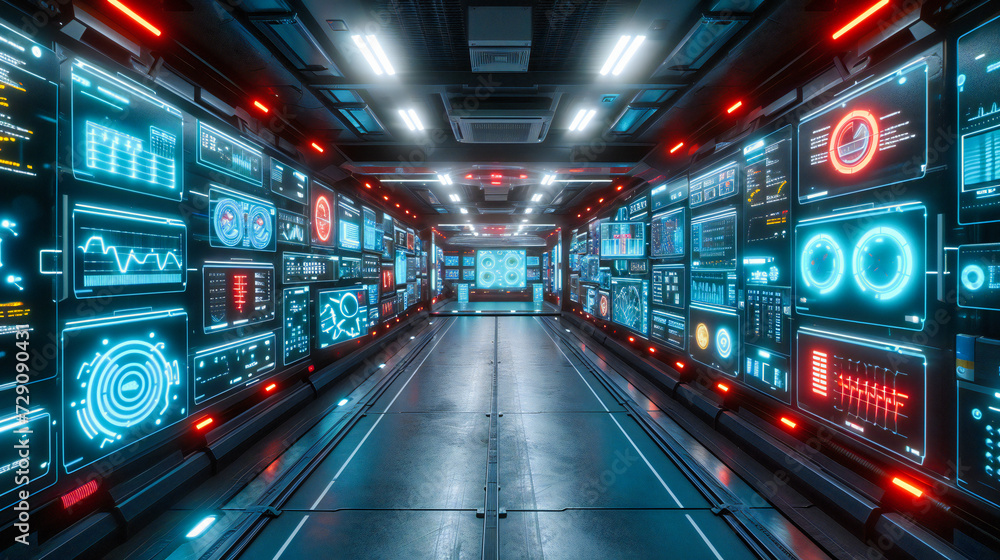 Poster high-tech server room emphasizing modern information technology and networking, showcasing racks of 