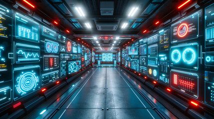 High-tech server room emphasizing modern information technology and networking, showcasing racks of equipment in a blue-lit datacenter environment