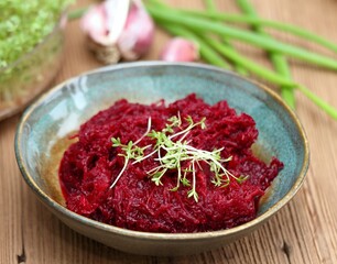 Traditional spicy beetroot salad with garlic and lemon juice. Bowl with beetroot salad decorated with garden cress.