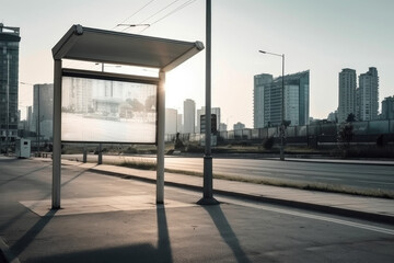 Bus stop stands still on side of deserted road, offering temporary refuge amidst unending expanse