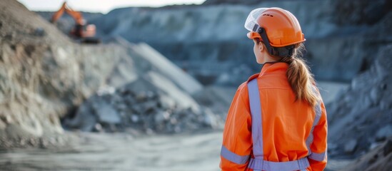 Female worker in uniform and safety helmet taking a break at quarry.