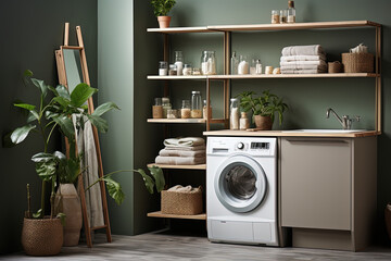Laundry room with a white washer, wooden shelves, and green walls.aesthetics. - obrazy, fototapety, plakaty