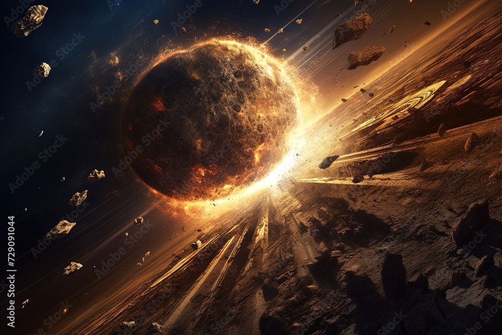 Poster explosion of planet creates flash of light and engulfs surrounding space in flames with debris flyin