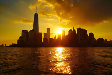 The Statue of Liberty standing as a beacon of hope over Lower Manhattan's vibrant skyline - obrazy, fototapety, plakaty