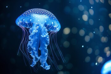 Close-up of a blue jellyfish swimming in the ocean - obrazy, fototapety, plakaty