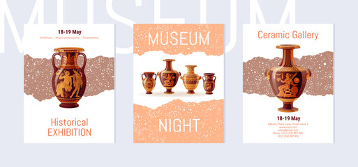 International museum night poster. Greek, Roman mythology art. Classic vase on night background in peach fuzz 2024 color. International museum day vector. Antique pattern posters set. Vintage pottery
