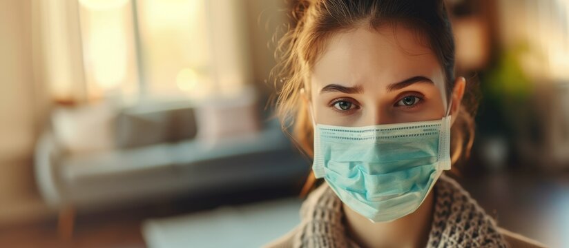 Sick Teenager Girl Wearing A Mask At Home, Depicted In A Portrait.