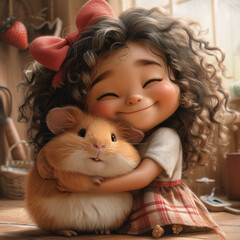 Cute girl with curly hair with a shiny bow, in a menthol T-shirt with strawberries, skirt with pockets, striped tights and shoes with clasps, hugging a big Cute Guinea Pigs