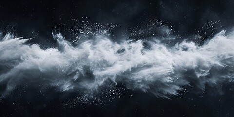 Expansive horizontal layout of white powder snow cloud burst on dark backdrop.